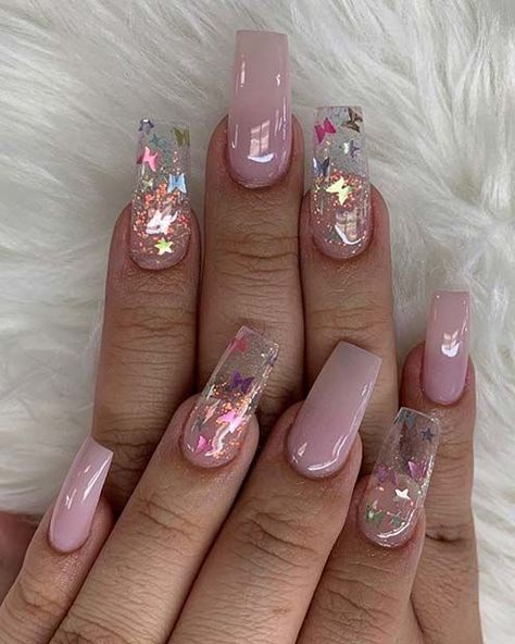 Acrylic Coffin Nails, Clear Acrylic Nails, Nails Art Designs, Diy Acrylic Nails, Cute Acrylic Nail Designs, Acrylic Coffin, Summer Acrylic Nails, Butterfly Nail, Acrylic Nail Art