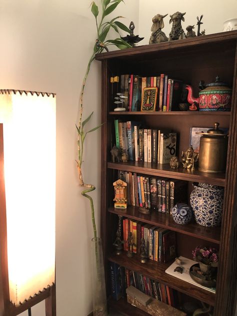 Wooden Bookshelf Aesthetic, Desi Bedroom, Cozy Home Library Reading Space, Desi Interior, Hostel Room, Personal Workspace, Home Hall Design, Ethnic Decor, Brown Furniture