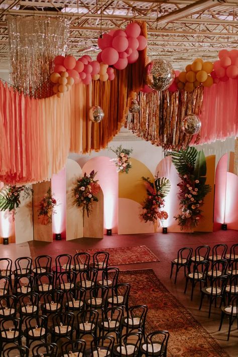 Warehouse Wedding, Wedding Aisle Decorations, Disco Balls, Orange Wedding, Retro Wedding, Aisle Decor, Perfect Marriage, Wedding Mood Board, Wedding Aisle