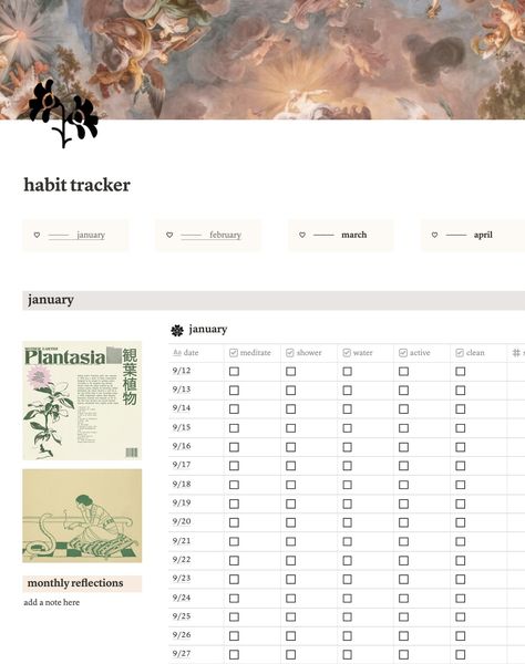 Notion green earthy aesthetic habit tracker: template credit to foreverandeverly’s blog. see my notion ideas board for theme packs! @kettleautumn Notion Layout Ideas Aesthetic, Aesthetic Notion Setup, Notion Journal Template Aesthetic, Notion Tracker Template, Notions Aesthetic, Notions Template, Notion Layout Aesthetic, Notion Pages Aesthetic, Notion Templates Aesthetic