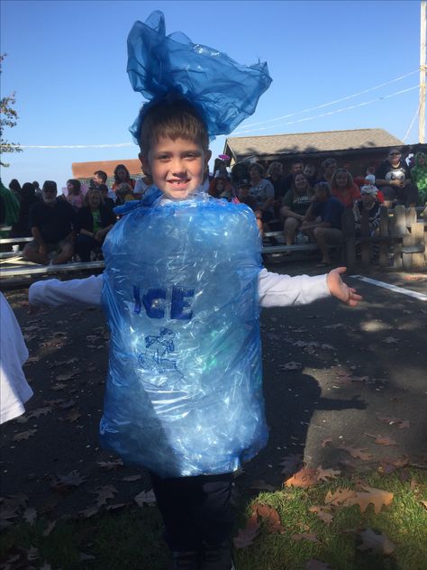 Tried Ice bag , he won first place at costume contest Ice Costume Kids, Bag Of Ice Costume, Ice Cube Halloween Costume, Fire Vs Ice Costume, Glacier Costume, Ice Costume Diy, Ice Party Theme Outfit, Ice Cube Costume, Fire And Ice Party Theme Outfit