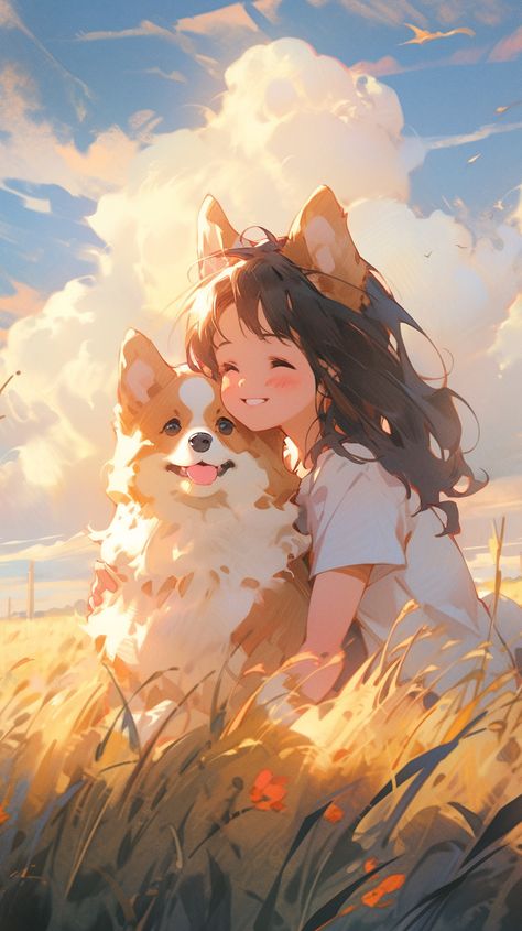 Cat And Dog Anime, Cat And Dog Wallpaper Cartoon, Chill Girl Dog Cartoon, Puppy Drawing Easy, Kawaii Corgi, Dog And Girl Illustration, Create Pin, Girl With Dog Illustration, Dog Caricature