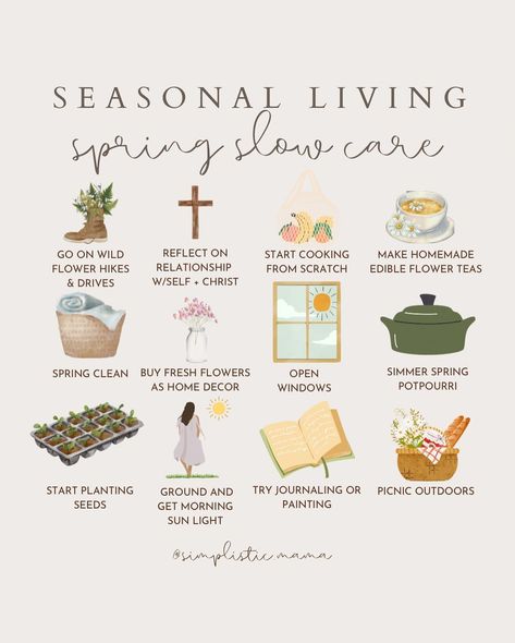 Nicole | simplistic + motherhood | Llet’s dive into some fun seasonal activities! How about planting a few flowers or herbs in your garden? Take nature walks to enjoy the… | Instagram Spring Cleaning Aesthetic, Homebody Aesthetic, Cottage Core Girl, Princess Cottage, Cottagecore Life, Spring Bucket List, Fresh Aesthetic, Family Command Center, Seasonal Living