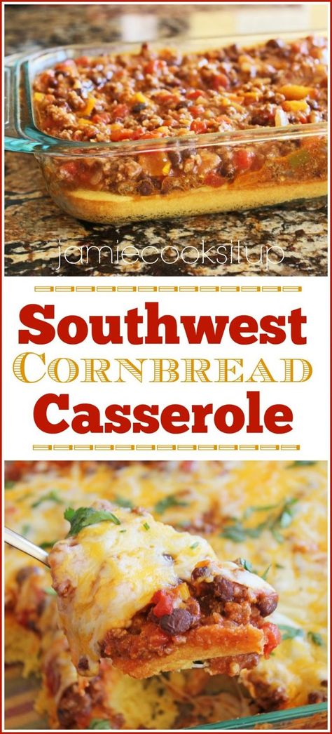 Southwest Cornbread Casserole from Jamie Cooks It Up!  I am thinking this would work with leftover chili. Southwest Cornbread, Mexican Cornbread Casserole Recipe, Mexican Cornbread Casserole, Easy Suppers, Cornbread Casserole Recipe, Mexican Cornbread, Cornbread Casserole, Mexican Foods, Corn Bread Recipe