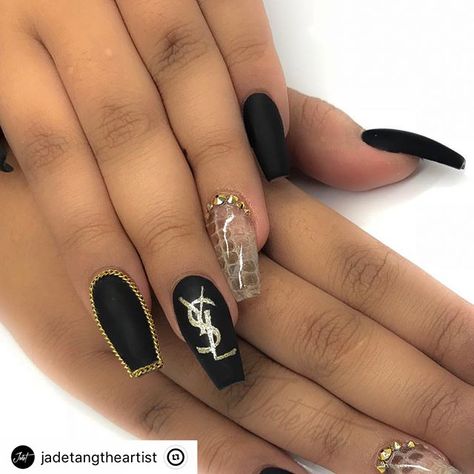 This post was reposted using @the.instasave.app #theinstasaveapp "Fashion fade style is eternal - Yves Saint Laurent YSL nail art for @missswendyle Real snakeskin from @bestnailshowstxandvegas #jadetangtheartist #blackfilenails #blackfile #blackfilenailsocial" Ysl Nails Design, Ysl Nails, Saint Laurent Nails, Yellow Nail Art, Nail Pictures, Vibrant Nails, Glamorous Nails, Christmas Nails Acrylic, Rainbow Nails