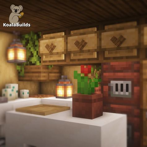 Tap to watch the full tutorial of this house (including kitchen) Cute Small Minecraft Kitchen, Minecraft Small Kitchen Design, Spruce Kitchen Minecraft, Ways To Decorate Minecraft House, Minecraft Mini Kitchen, Minecraft Small Kitchen Ideas, Small Kitchen Minecraft, Small Minecraft Kitchen, Aesthetic Minecraft Kitchen