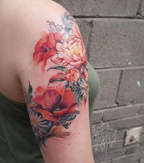 Chronic Ink | Color Realism Tattoo pieces in Vancouver and Toronto Color Realism Floral Tattoo, Color Flower Arm Tattoo, Feminine Realism Tattoo Sleeves, Peony Poppy Tattoo, Realism Poppy Tattoo, Colored Floral Sleeve Tattoo, Color Realism Flower Tattoo, Realism Colored Tattoo, Realism Flower Tattoo Sleeve