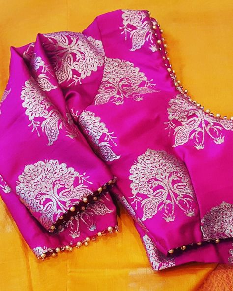 Pink Brocade Blouse Design, Green Brocade Blouse Designs, Dark Pink Blouse Designs, Brocade Saree Blouse Designs, Copper Blouse Designs, Brocade Blouse Designs Pattern Back, Brocade Blouse Designs Latest, Pink Saree Contrast Blouse, Pink Brocade Blouse