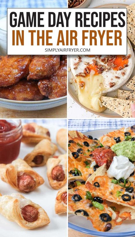 photo collage of chicken wings, brie, and other snacks with text overlay "game day recipes in the air fryer". Ideas For Snacks, Frozen Popcorn, Garlic Parmesan Fries, Super Bowl Recipes, Eggplant Fries, Game Day Recipes, Frozen Chicken Wings, Bacon Wrapped Scallops, Popcorn Shrimp