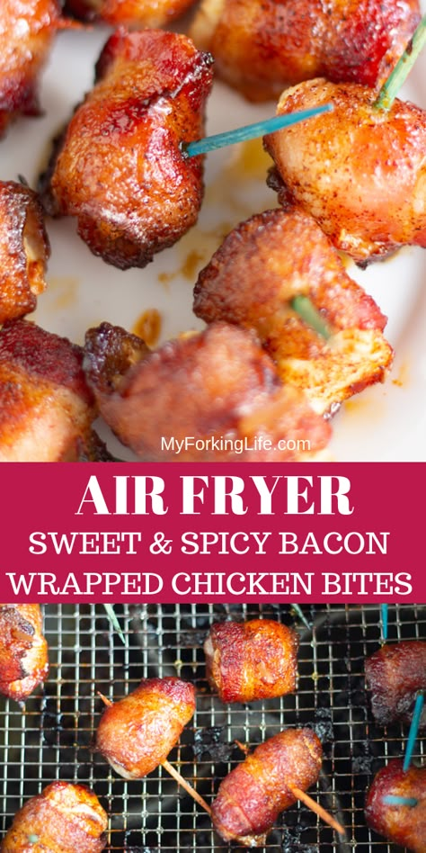 This Air Fried Bacon Wrapped Chicken is covered in a sweet and spicy rub for a quick and easy appetizer. With only 5 ingredients, this recipe is a perfect and quick treat.  #easy #airfryer #recipe #airfryerrecipe #airfried #healthy via @myforkinglife Air Fried Bacon, Sweet And Spicy Bacon, Air Fry Bacon, Easy Airfryer, Beef Bites, Airfryer Recipe, Bacon Wrapped Chicken Breast, Bacon Bites, Bacon Wrapped Chicken Bites