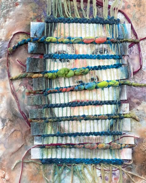 Encaustic, watercolor, weaving on cradled birch panel Fiber Sculpture, Middle School Art Projects, Weaving Textiles, Textile Fiber Art, School Art Projects, Middle School Art, Soft Sculpture, Art Classroom, Tapestry Design