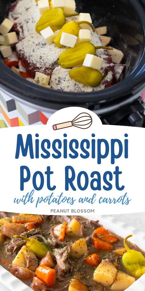 This all-in-one dinner is always such a family favorite. Seasoned Mississippi pot roast with potatoes and carrots cooks all at the same time in the Crockpot so dinner is ready to serve in a pinch. Pot Roast Crock Pot Recipes With Ranch Packet, Crockpot Pot Roast With Pepperoncini, Mississippi Roast With Vegetables, Mississippi Pot Roast With Noodles, Mississippi Pot Roast With Potatoes And Carrots Crockpot Easy, Roast With Banana Peppers Crockpot, Pot Roast With Au Jus And Ranch, Banana Pepper Roast Crock Pot, Mississippi Pot Roast With Veggies Crockpot