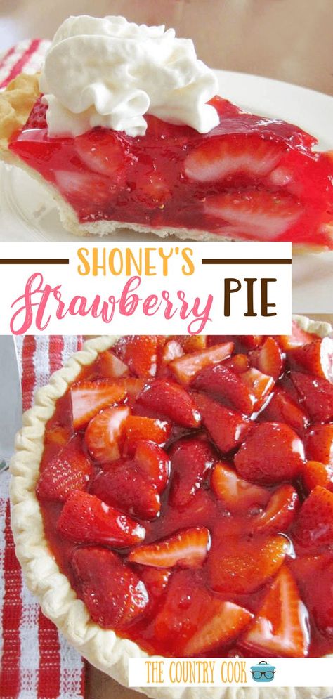 This Easy Shoney's Strawberry Pie is a favorite summer dessert recipe! Made with a frozen pie crust, jello, fresh strawberries and a dollop of whipped cream!  #StrawberryPie #Dessert #Easy #Pie Shoneys Strawberry Pie, Dirt Pie, Strawberry Pie Recipe, Dessert Pie Recipes, Frozen Pie Crust, Fresh Strawberry Pie, Pie Pops, Frozen Pie, Strawberry Flavor