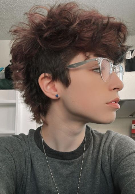 Grunge Mullet Haircut, Short Hair With Long Sideburns, Short Trans Haircuts, Short Hairstyles For Trans Men, Fluffy Mullet Shaved Sides, Addison Grace Haircut, Short Alt Hairstyles Masc, Short Masc Hair Straight, Trans Ftm Haircuts Curly