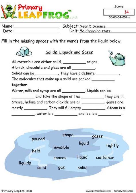 PrimaryLeap.co.uk - Solids, liquids and gases Worksheet Solid Liquid Gas Worksheet, Solid Liquid Gas Activities, Solids Liquids And Gases, Ks2 Science, Grade 3 Science, Solid Liquid Gas, States Of Matter Worksheet, Cloze Activity, Matter Worksheets