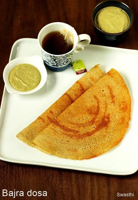 Millet Dosa (Kambu Dosa, Bajra Dosa) - Swasthi's Recipes Bajra Recipes, Veg Breakfast Recipes Indian, Veg Breakfast Recipes, Indian Breakfast Recipes, Indian Delicacies, South Indian Breakfast Recipes, Morning Recipes Breakfast, Pearl Millet, Veg Snacks