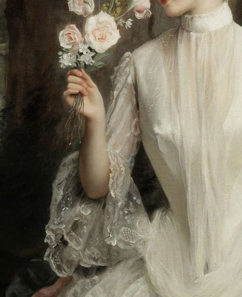 Gustave-Jean Jacquet, "Un élégant bouquet" 1886 ”: Illustration Kunst, Istoria Artei, Woman In White, Elegant Bouquet, Holding Flowers, Art Et Illustration, Old Paintings, Art And Illustration, Classical Art