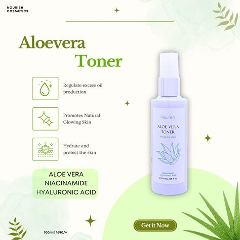 Aloe Vera Toner With Niacinamide, Hyaluronic Acid A gentle skin freshener formulated with organic Aloe Vera Gel, Skin Actives Niacinamide and Hyaluronic Acid to regulate excess oil production, hydrate and protect the skin while preparing the skin for moisturizing. Ideal for blemish-prone and oily skin types. Directions for use: Take a few drops of Toner and apply on face and neck with fingertips, after cleansing with Cucumber-Lemon Cleanser. Leave on to dry. Ingredients: Organic Aloe Vera... Skin Actives, Niacinamide And Hyaluronic Acid, Aloe Vera Toner, Organic Aloe Vera Gel, Oil Production, Aloe Vera Gel, Oily Skin, Hyaluronic Acid, Glowing Skin