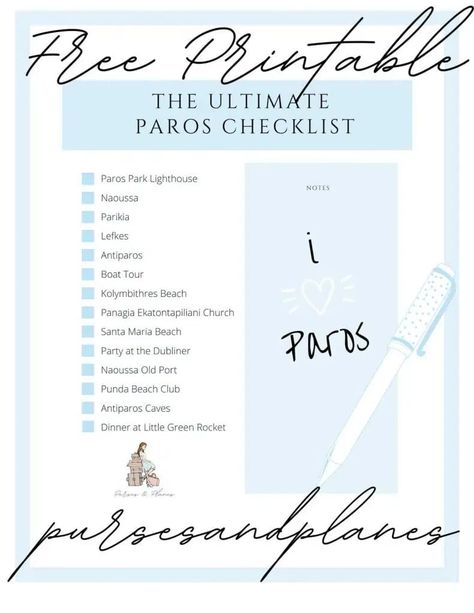 Print this checklist with you on your island hopping adventure to Paros Greece. Greece Travel Outfits, Greece Bucket List, Bucket List Printable, Greek Island Hopping, Greece Itinerary, Europe Travel Outfits, Paros Greece, Greece Travel Guide, Travel Bucket List Usa