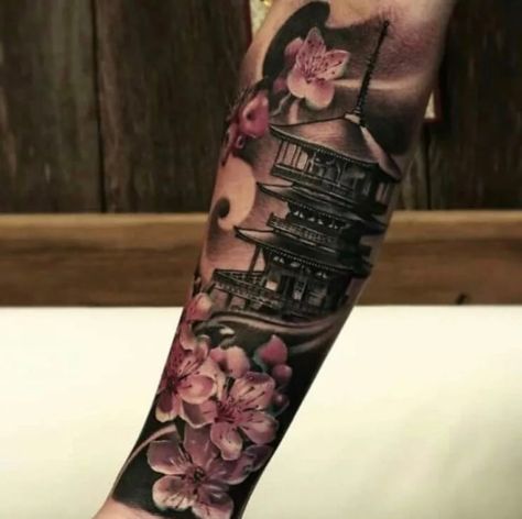 Full Arm Sleeve Tattoo, Japanese Temple Tattoo, Classy Tattoos For Women, Guerriero Samurai, Mangas Tattoo, Temple Tattoo, Tattoo Japanese, Irezumi Tattoos, Body Suit Tattoo