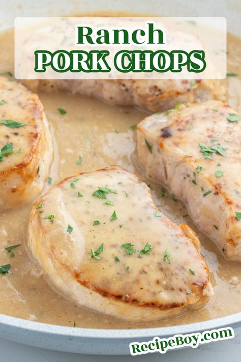 Ranch Pork Chops recipe from RecipeGirl.com Ranch Pork Chop Recipes, Easy Ranch Pork Chops, Boneless Pork Chops Recipes, Ranch Pork Chops And Potatoes, Creamy Ranch Pork Chops, Pork Chop Recipes With Ranch Packet, Crockpot Ranch Pork Chops And Potatoes, Stuffed Pork Chops, Crockpot Ranch Pork Chops 3 Ingredients