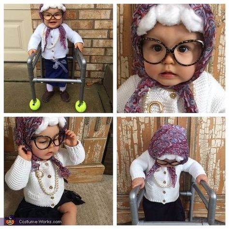 Kid Old Lady Costume, Old Lady Wig Diy, Diy Old Lady Costume For Kids, Old Lady Costume Diy, Toddler Old Lady Costume, Diy Old Lady Costume, Old Woman Costume, Costume Old Lady, Baby Old Lady Costume