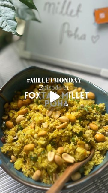 Anahita Dhondy Bhandari on Instagram: "FOXTAIL MILLET POHA 🌾 | #AnahitaCooks 👩‍🍳 

Welcome to Millet Monday! 🌾 Today’s recipe is a classic Indian household breakfast - but we make it with foxtail millet poha. It is light, healthy and so yum!

Let’s get to making it:

Ingredients 
Foxtail Millet Poha - 1.5 cups I tried the @cleancrunch.co one 
Oil - 2 tsp
Mustard seeds - 1 tsp
Jeera - 1 tsp
Green chilli chopped - 2 no. 
Curry leaves - 7-8 no. 
Onion diced - 1 no. 
Potato diced - 1 no. 
Salt - as needed
Haldi - 1 tsp
Carrot diced - 1 no. 
Beans - 5-6 no. 
Peanuts - garnish
Lemon juice - 1 whole

Method 
1. In a kadhai, add oil and heat it
2. ⁠Add the mustard seeds, jeera and curry leaves 
3. ⁠Once they start spluttering, add the green chillies
4. ⁠Add the diced onion and let them become Millets Recipes Indian, Poha Recipe, Millet Recipes, Mustard Seeds, Green Chilli, Curry Leaves, Healthy Vegetarian, Millet, Vegan Breakfast