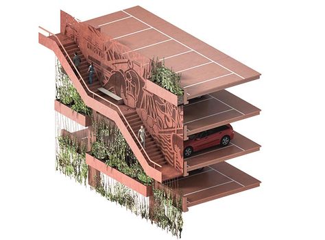 JAJA Architects Reinvent the Parking Garage as a Green Community Space with Park 'n' Play | Inhabitat - Green Design, Innovation, Architecture, Green Building Car Park Design, Parking Plan, Green Community, Parking Building, Play Car, External Staircase, Green Facade, Community Space, Green Architecture