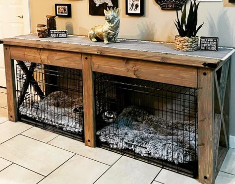 Dog Kennel Furniture For 3 Dogs, Diy Dog Crate End Table Plans, Dog Crate Coffee Bar, Dog Kennel Wooden Top Diy, Pallet Dog Cage Diy, Dog Crate Buffet Table, Hidden Kennel Ideas, Dog Crate In Dining Room, Where To Put Dog Kennel In House