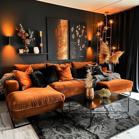 Rust Black And White Living Room, Black And Gold Aesthetic Living Room, Black Green Orange Living Room, Home Decor Ideas Dark Colors, Boho Terracotta Living Room, Black And Bronze Living Room, Black Culture Living Room Ideas, Black And Tan Living Room Ideas, Black And Orange Living Room Ideas