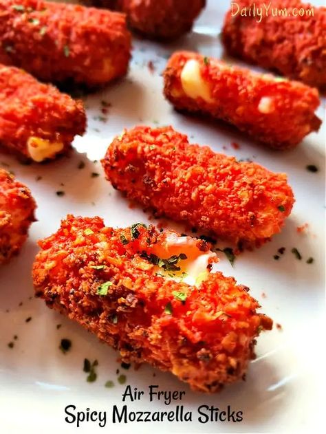 Air Fryer Spicy Mozzarella Sticks (Doritos or Takis) - Daily Yum Easy Restaurant Appetizers, Homemade Takis Fuego, Pickle Stuffed With Takis, Takis Cheese Stick, Spicy Snacks Recipes Healthy, Spicy Mozzarella Sticks, Healthy Takis Recipe, Motzerella Sticks Easy Recipes, Hot Cheeto Mozzarella Sticks Air Fryer