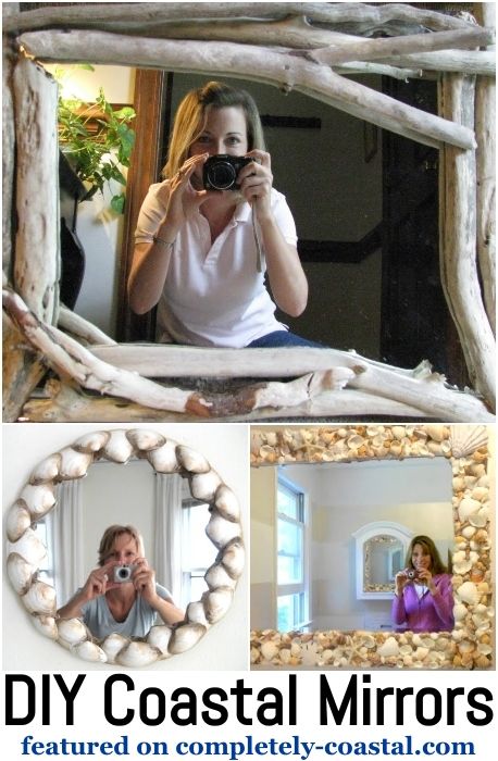 Diy Coastal Mirror, Beach Mirror Ideas, Mirror Craft Ideas, Shell Mirror Diy, Rope Mirror Frame, Redo Mirror, Summerhouse Ideas, Beach Dorm, Coastal Mirror