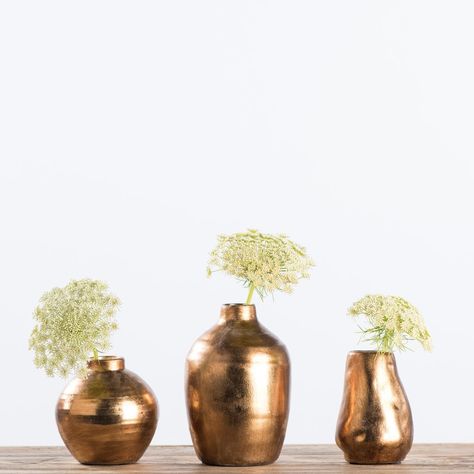 Vase Design Ideas, Terracotta Vases, Terra Cotta Clay, Navy And Copper, Terracotta Vase, Aspen Leaf, Copper Bathroom, Copper Vase, Copper Accents