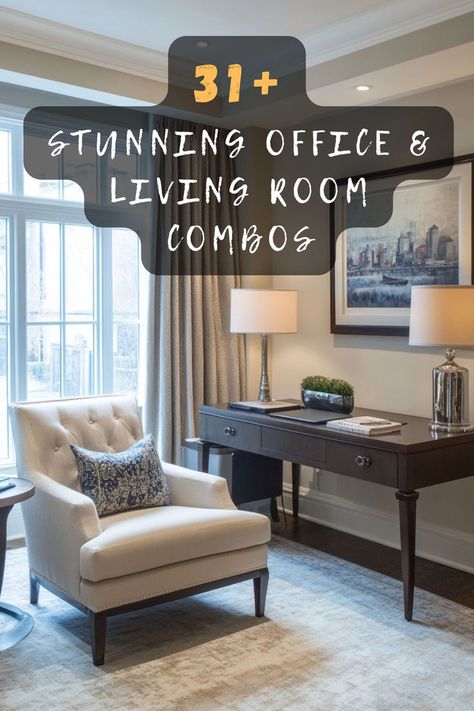 Looking for multi-functional inspiration? ⭐ I've gathered 31 amazing ways to combine your office and living space without sacrificing style! From compact corners to full room solutions, these ideas will revolutionize your space. Click to transform your room! 🎯 #RoomDesign #HomeOffice #InteriorInspo #SmallSpaceLiving #WorkSpace #ModernHome #RoomLayout Living Room Workspace Combo, Office Living Room Combo, Home Office Nook, Stylish Living Room Ideas, Living Room Workspace, Cozy Scandinavian, Office Nook, Perfect Office, Stylish Living Room