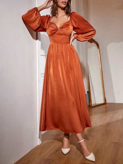 Sweetheart Neck Lantern Sleeve Satin Dress | SHEIN USA Satin Dress With Sleeves, Orange Dress Outfits, Rust Orange Dress, Orange Formal Dresses, Orange Dress Wedding, Burnt Orange Bridesmaid Dresses, Long Sleeve Satin Dress, Orange Bridesmaid, Long Sleeve Bridesmaid Dress