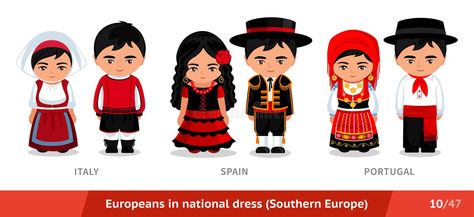 Italy, Spain, Portugal. Men and women in national dress. Set of european people wearing ethnic clothing. Cartoon characters in traditional costume. Southern royalty free illustration Spain National Costume, Spain Traditional Dress, European People, Clipart Boy, Spanish Woman, National Clothes, Spain Portugal, Flamenco Dancers, Italy Outfits