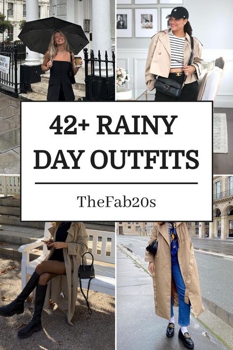 Stay stylish on rainy days with these chic outfit ideas! Whether you're looking for a casual rain look for spring or a polished office ensemble, we've got you covered. Embrace the rainy day aesthetic with trendy pieces that will keep you dry and fashionable. From cute rain boots to cozy layers, create your perfect rainy day outfit effortlessly. Don't let the weather stop you from slaying in style! Cute Outfits For Cold Rainy Days, Outfits Ideas For Rainy Days, Rainy Holiday Outfit, New York Rainy Day Outfit Summer, Rainy Fall Date Night Outfit, How To Dress For Rainy Days, Rainy Days Outfit For Work, Rainy Day Winter Outfit Work, Rainy Day Field Trip Outfit