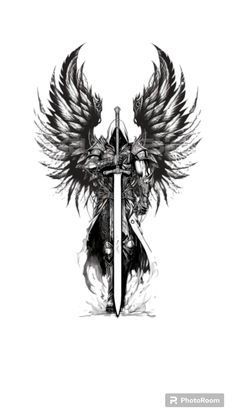 Armored Angel Tattoo, Warrior Wings Tattoo, Knight With Wings Tattoo, Tattoo Warrior Symbol, Mythical Tattoos Men, Warrior Angel Art, Warrior Angel Tattoo, Tattoo Ideas Book, Group Tattoo Ideas