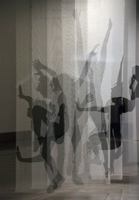 Déjà Vu VII, 2019 | installations consist of hand painted and life size ink silhouettes on tulle fabrics. This work was in HUMANS, the 15th edition of Miniartextil -exhibition in Le Beffroi, Montrouge, Paris Fabric Installation, Soyut Sanat Tabloları, Shadow Art, Exhibition Display, A Level Art, Stage Design, Land Art, Magazine Art, Art Plastique