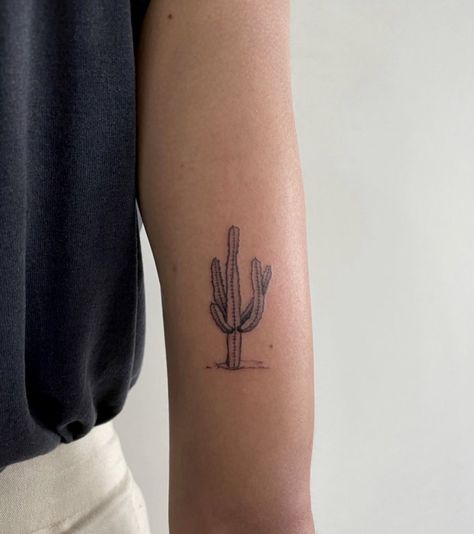 Single Needle Cactus Tattoo, Fine Line Saguaro Tattoo, Cactus Fine Line Tattoo, Minimal Cactus Tattoo, Dainty Cactus Tattoo, Arizona Desert Tattoo, Cactus With Flower Tattoo, Fine Line Cactus Tattoo, Small Arizona Tattoo