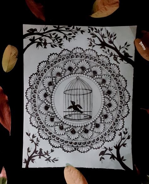 Unique Mandala Drawing, Mandala Feather, Mini Drawing, Doodle Art Posters, Learning Drawing, Small Mandala, Bird In A Cage, Mandala Book, Doodle Quotes