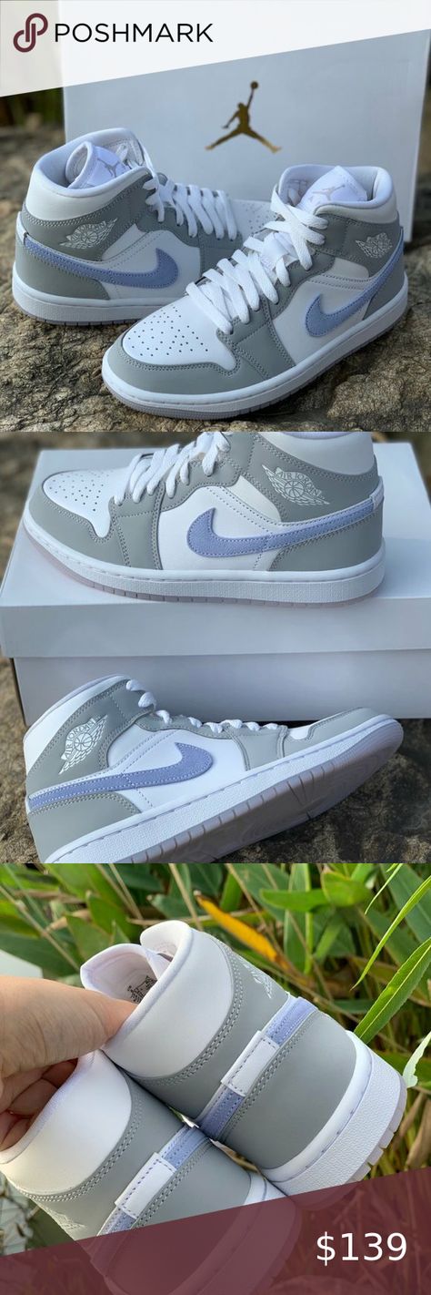 Air Jordan 1 Mid White Wolf gray and blue hook women's shoes👩 Blue And Grey Jordans, Blue And Gray Jordans, Air Jordan Outfit Women, Jordan 1 Mid Blue, Dream Sneakers, Jordan Outfit Women, Air Jordan Outfit, Air Jordan 1 Mid White, Jordan 1 Mid White