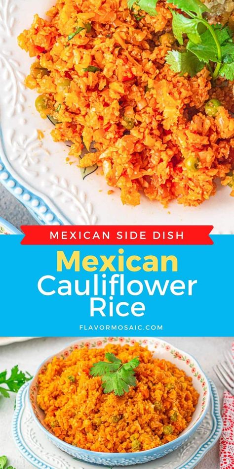 Mexican Cauliflower Rice Cauliflower Mexican Rice Easy, Healthy Mexican Dishes, Cauliflower Mexican Rice, Mexican Cauliflower Rice, Mexican Cauliflower, Mexican Dinners, Taco Side Dishes, Mexican Rice Easy, Gf Dinner