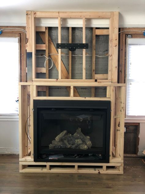 HOW TO HANG A SAMSUNG FRAME TV WITH NO GAP Shiplap Mantle, Modern Fireplace Ideas Living Rooms, Tv Above Fireplace, Tv Mounted, Tv Over Fireplace, Tahoe Cabin, Propane Fireplace, Fireplace Frame, Build A Fireplace