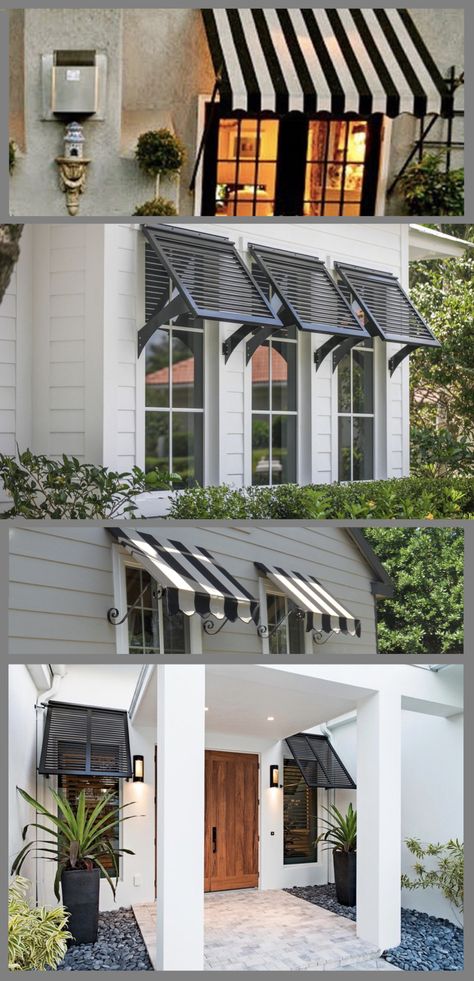 Window Overhang Exterior Modern, Shutters On Windows Exterior, Exterior Awnings Curb Appeal, Beach House Window Awnings, Shutterless Windows Exterior, Outdoor Window Treatments Curb Appeal, Awnings Over Windows House, Outside Window Awnings, House With Awnings On Windows