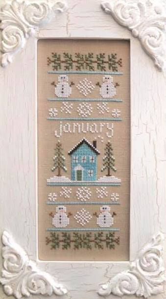 Country Cottage Needleworks - Sampler of the Month 01 - January Calendar Cross Stitch, Primitive Cabin, Cross Stitch Store, Snowman Cross Stitch, Country Cottage Needleworks, Month January, Family Tree Frame, Seasons Months, Its Christmas