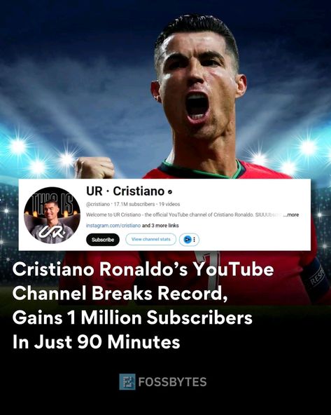 Cristiano Ronaldo launched his YouTube channel ‘UR’ on Aug 21, 2024, breaking records with 1 million subs in 90 mins! 🎉⚽️ Forbes reports it has now surpassed 5 million subscribers. 🚀🔥 Subscribe now to join the movement! #CR7 #YouTubeUR #RecordBreaker Million Subscribers, The Movement, 1 Million, Cristiano Ronaldo, Ronaldo, Youtube Channel