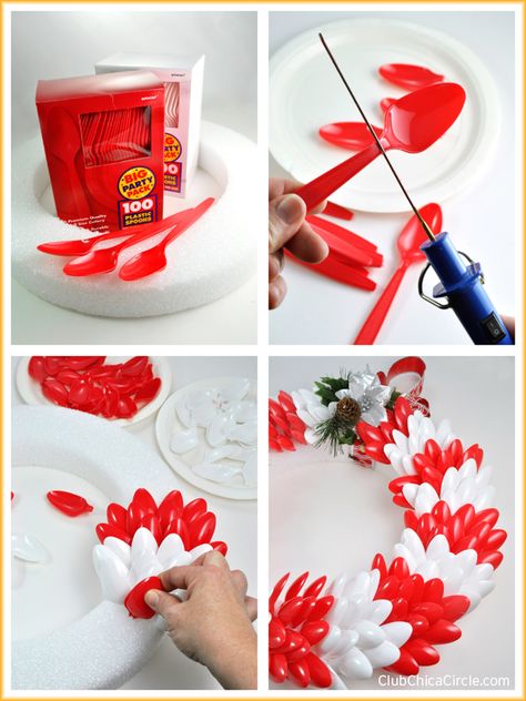 How to make an easy holiday wreath with colorful plastic spoons #makeitfuncrafts Spoon Wreath, Plastic Spoon Art, Plastic Spoon Crafts, Spoon Craft, Christmas Spoons, Silverware Crafts, Spoon Crafts, Spoon Art, Plastic Silverware