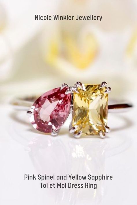 Bespoke Pink Spinel and Yellow Sapphire Toi et Moi (you and me) dress ring. Ring Inspo, Pink Spinel, Important Things In Life, Citrine Ring, Dress Rings, Pink And Yellow, Gold Jewellery Design, Yellow Sapphire, Jewellery Design