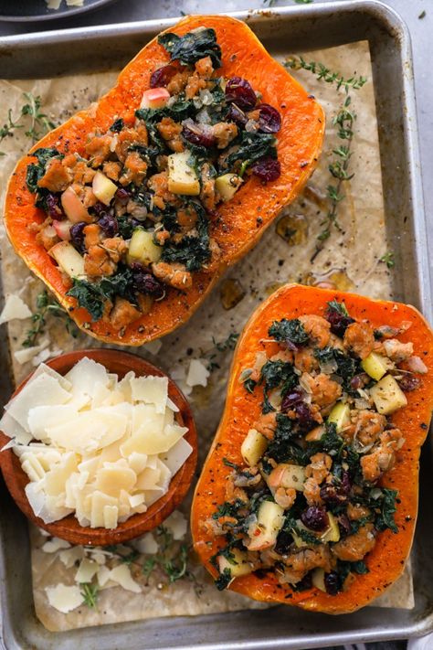 Sausage Apple & Cranberry Stuffed Butternut Squash - Kalefornia Kravings Squash Thanksgiving Recipes, Butternut Squash Thanksgiving, Pomegranate Kale Salad, Squash Thanksgiving, Kalefornia Kravings, Squash Butternut, Stuffed Butternut Squash, Fall Dinner Ideas, Stuffed Butternut